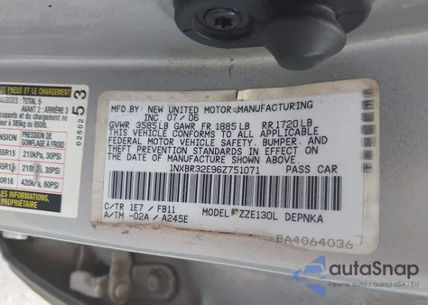 2006 Toyota Corolla Le из США, поврежденный, VIN 1NXBR32E96Z751071